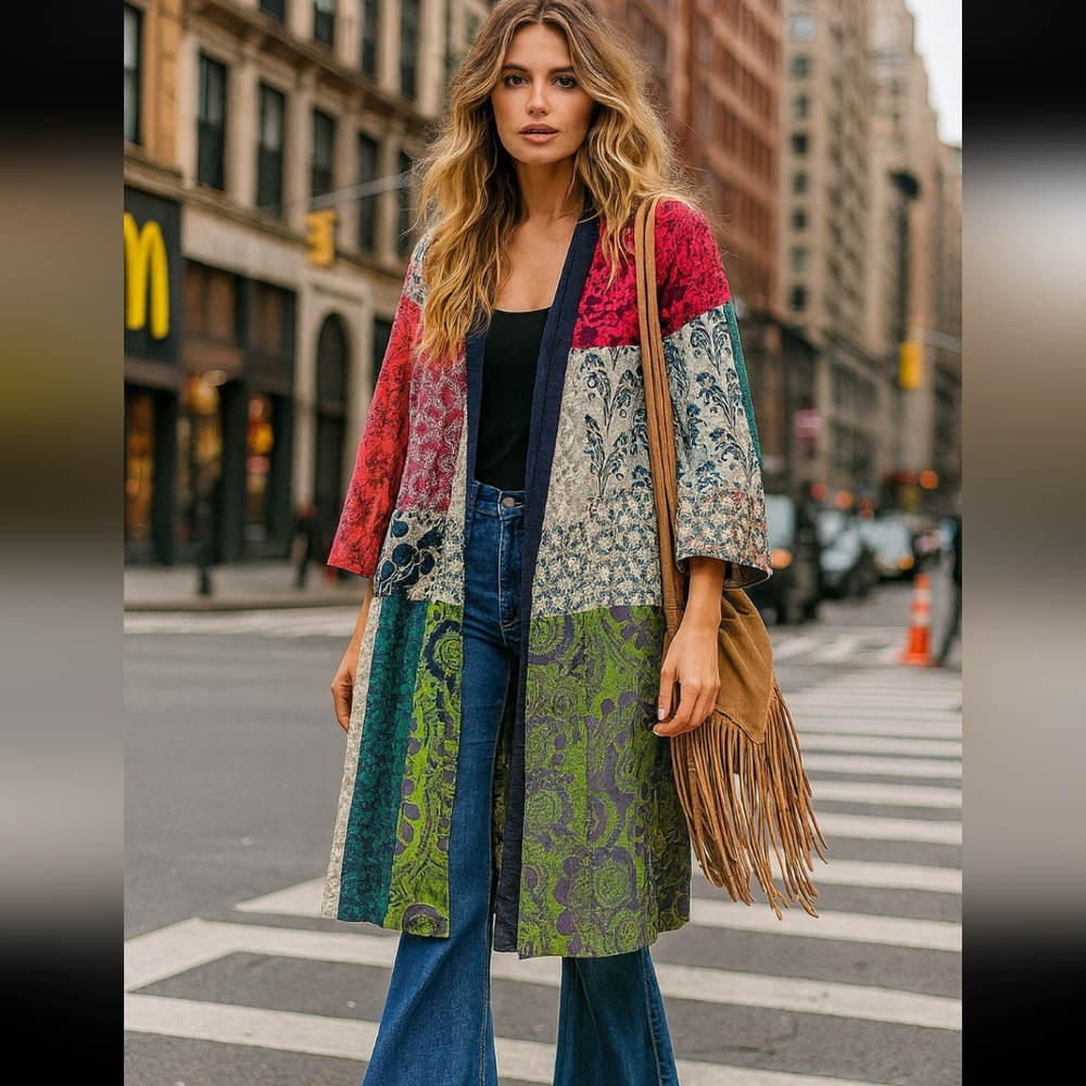 Anthropologie Lilka Patchwork Coat Size L 100% Cotton Boho Paisley